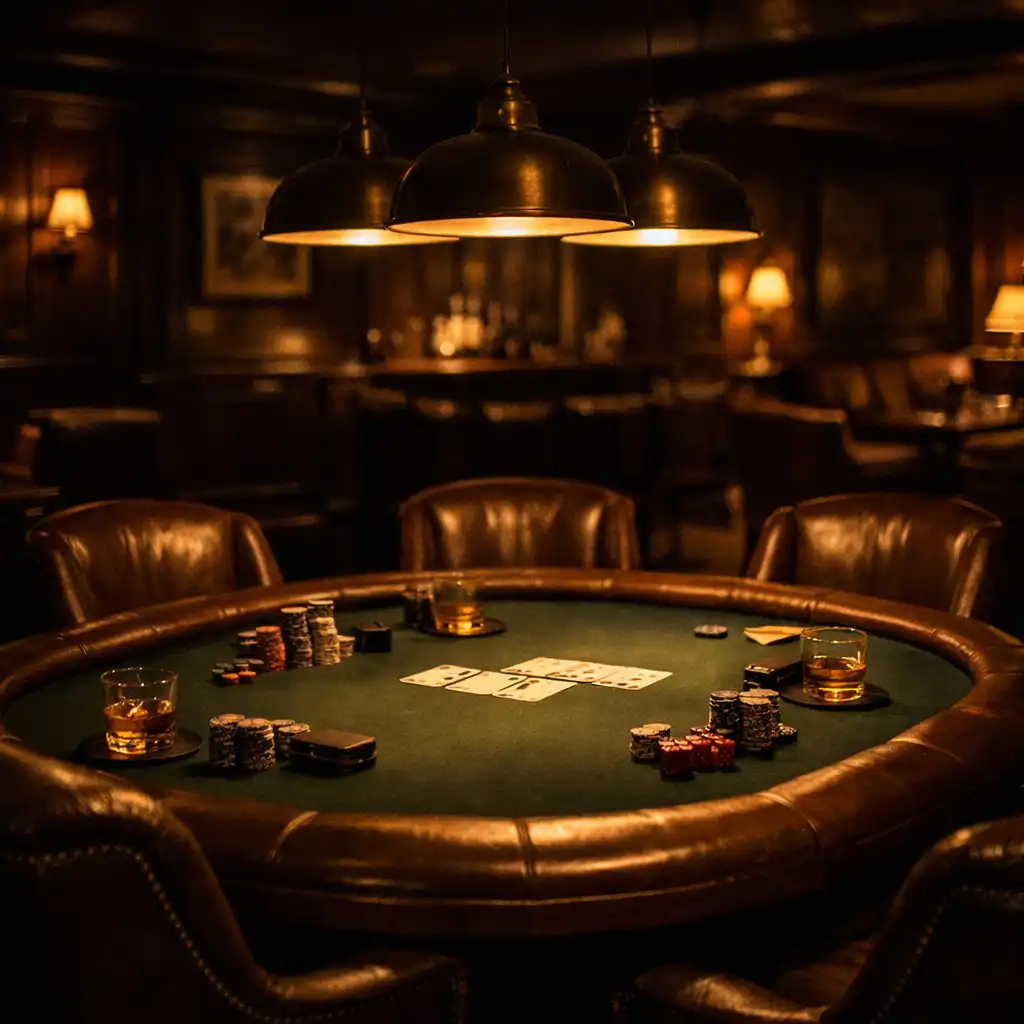 Low-lit premium card lounge with dark green felt poker table and leather armchairs under warm pendant lighting