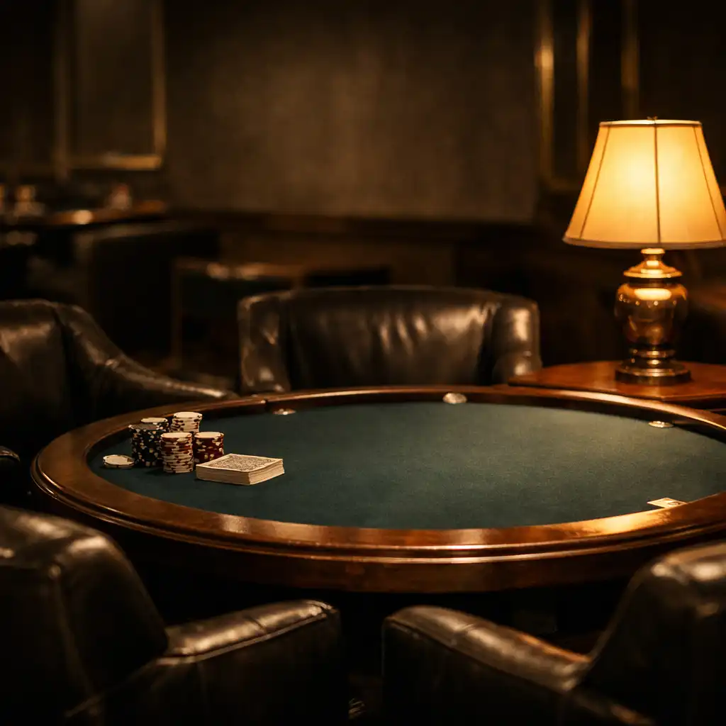Plush dark leather armchairs around a round poker table with dark teal felt in a cozy, warm-lit lounge