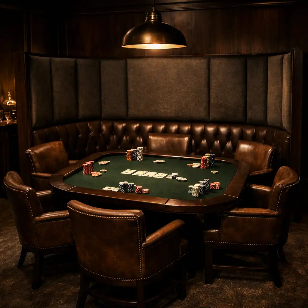 Private lounge area with rectangular dark green felt poker table, six leather chairs, and semi-private booth with acoustic panels