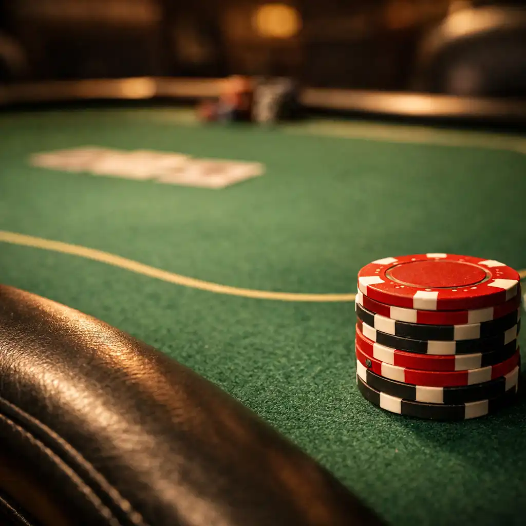 Close-up of a cash game poker table felt with a stack of chips and padded rail