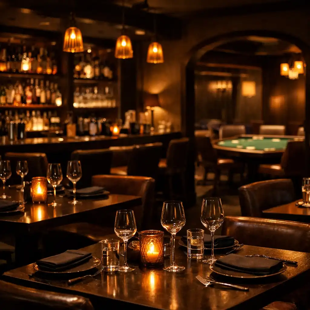 Dark, elegant restaurant and bar area adjacent to the poker room with intimate amber lighting