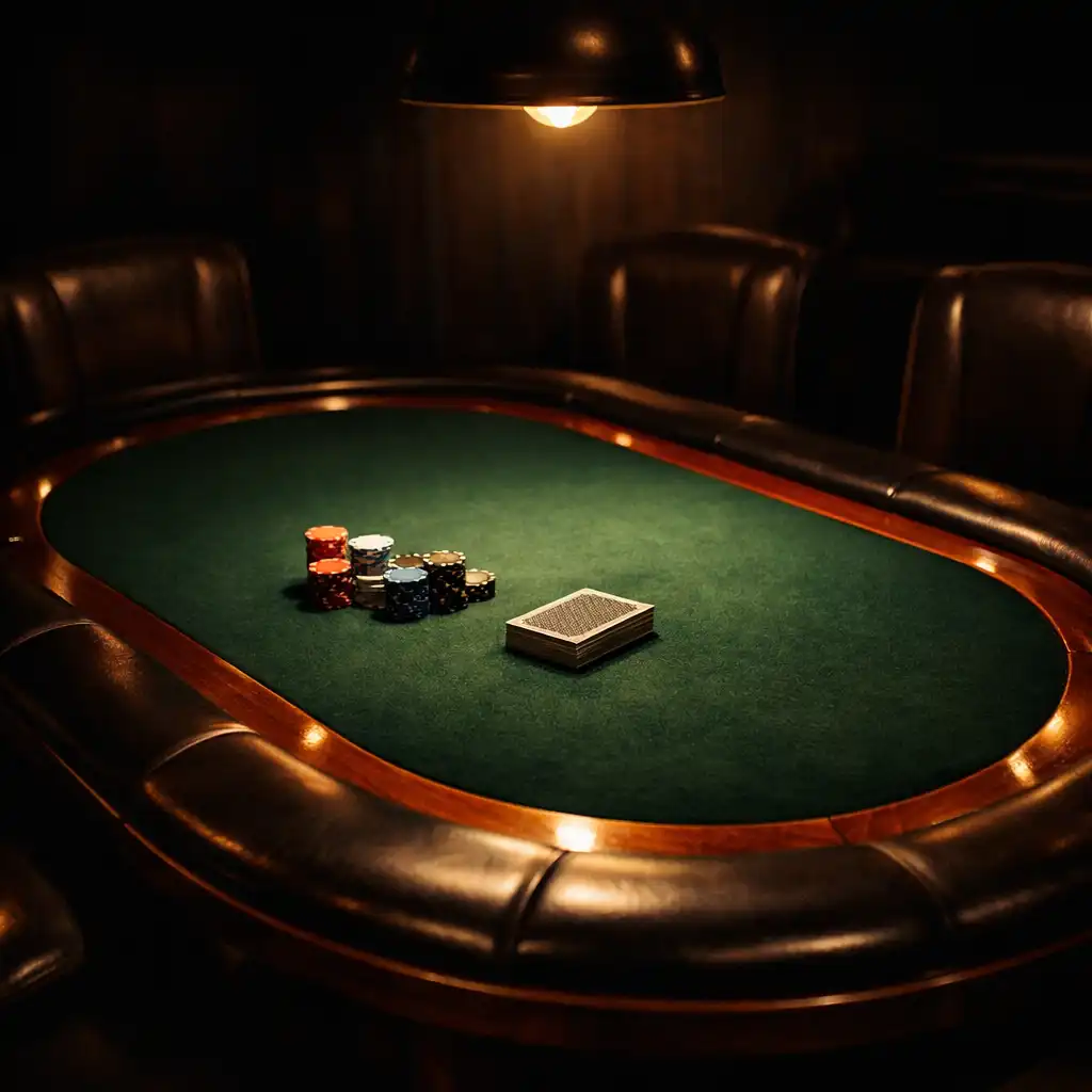 Premium poker table with cards and chips in a dark, low-lit room