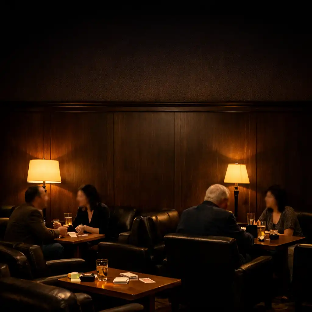 A quiet card lounge with low dark leather seating, small wooden tables, and soft warm floor-lamp lighting