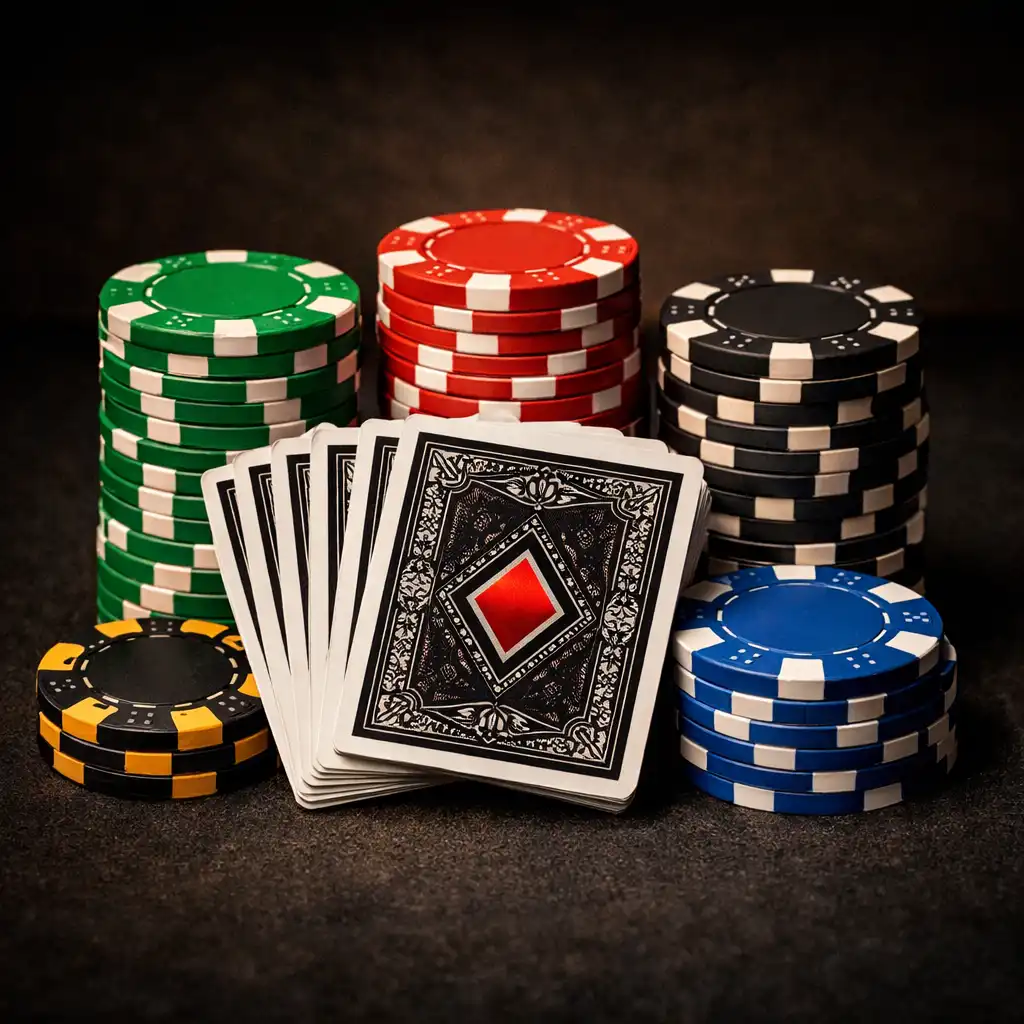 High-quality plastic playing cards fanned out beside neat stacks of professional clay-composite poker chips on a dark surface