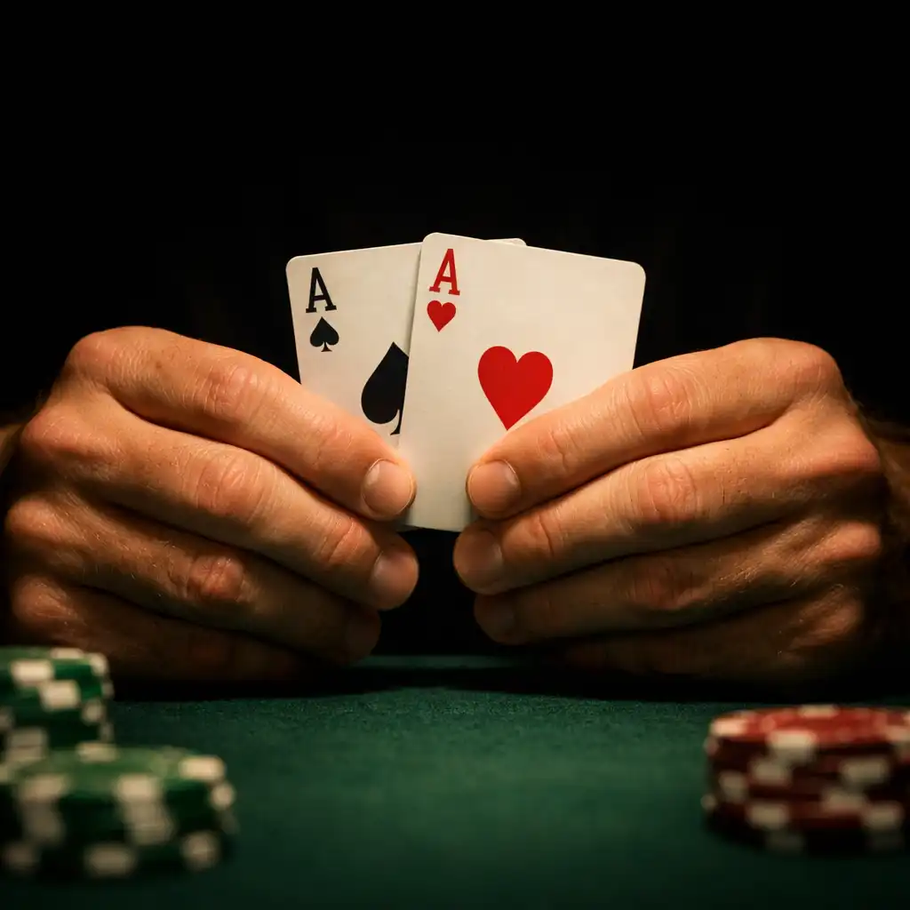 A player's steady hands holding a pair of cards close to the chest over dark green felt with chips in the foreground