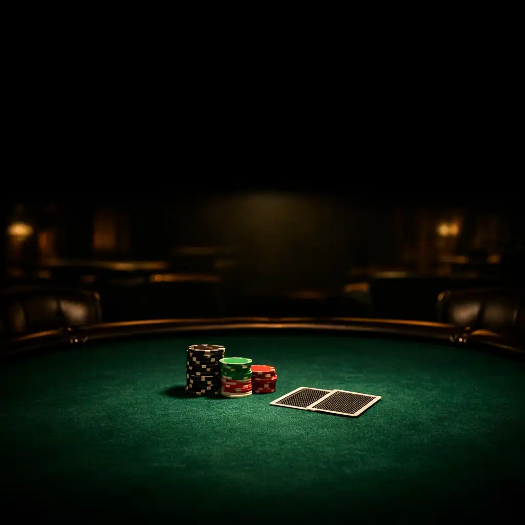 A premium poker table in a dark room with green felt, stacked chips, and face-down cards under a single warm light