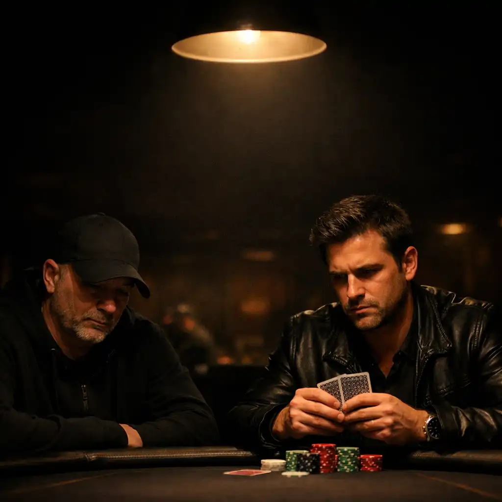 Two focused poker players at a table holding cards close, with chips on dark felt and warm directional lighting