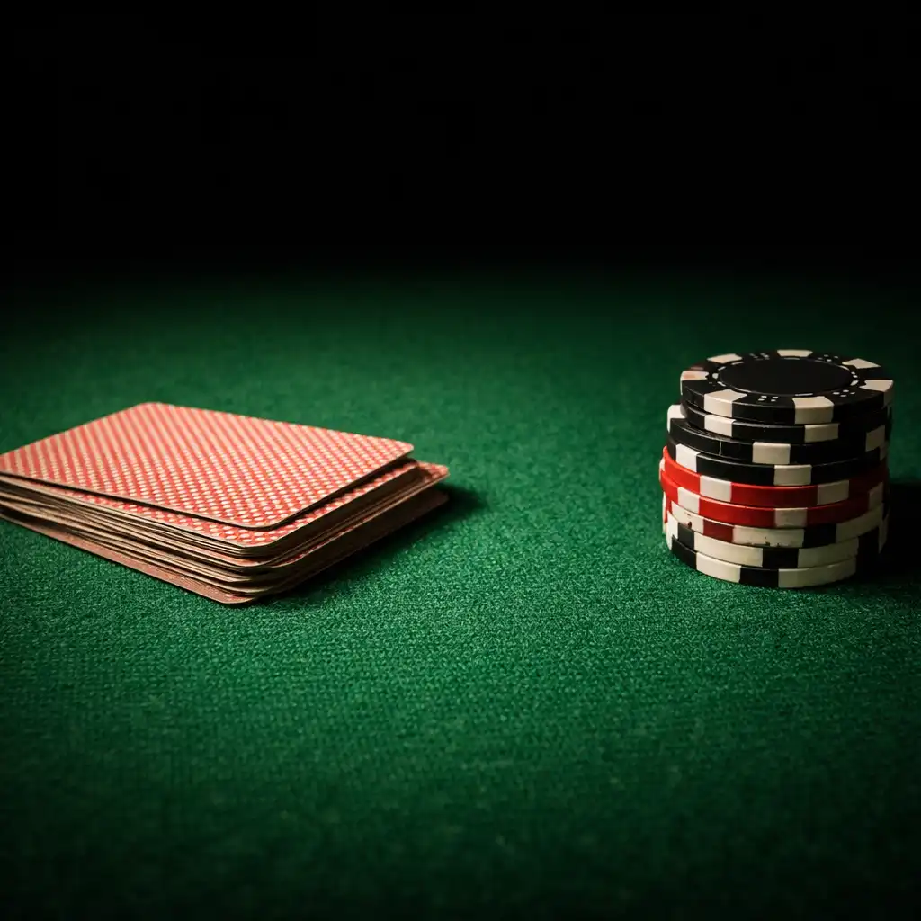 Close-up of premium green poker table felt with face-down cards and a small stack of chips
