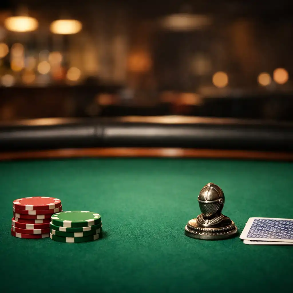First-person view from a seated player looking across the poker table