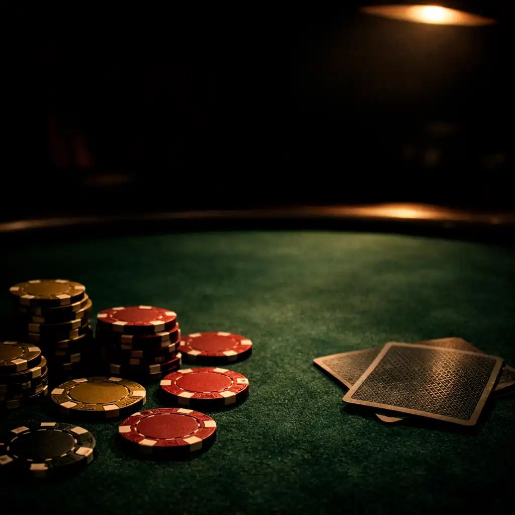 Close-up of a premium poker table at night with dark green felt, gold and red chips, and playing cards under warm overhead lighting