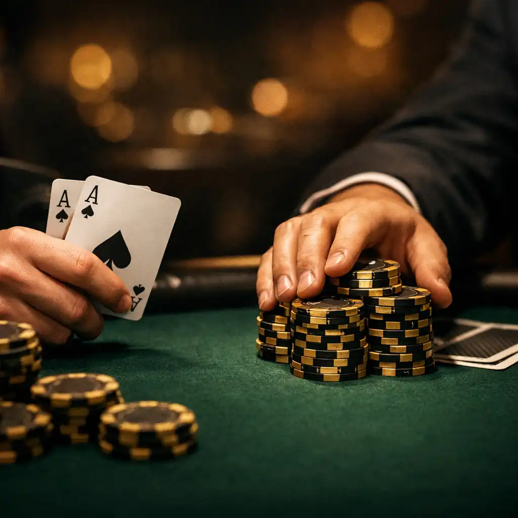 Two players' hands at a poker table, one holding cards and the other pushing a stack of gold and black chips forward