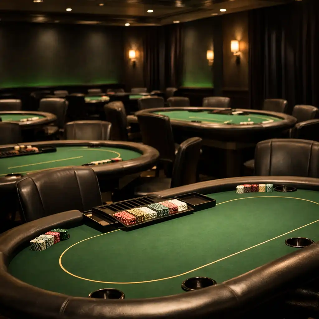 Poker room set up for a private event with multiple professional poker tables, padded rails, and warm spotlights