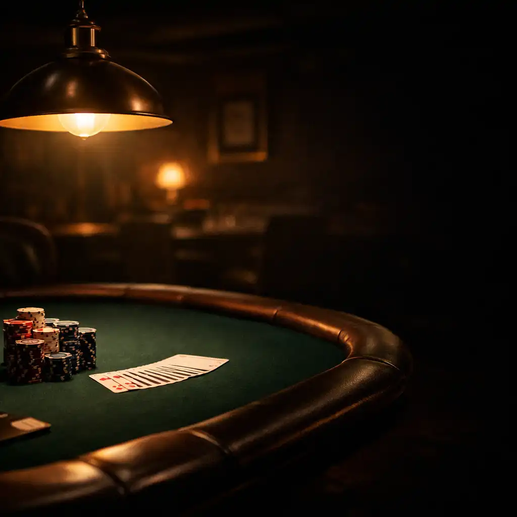 A cinematic, low-lit poker room interior with a premium poker table, dark green felt, a stack of professional poker chips, and a fanned deck of cards under warm amber pendant lighting.