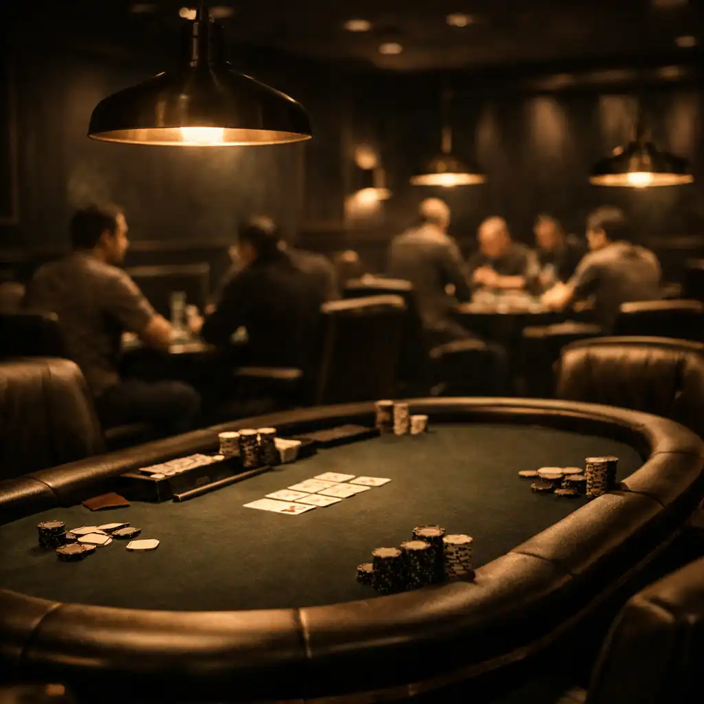 Interior view of the dedicated poker room with professional tables and warm focused lighting