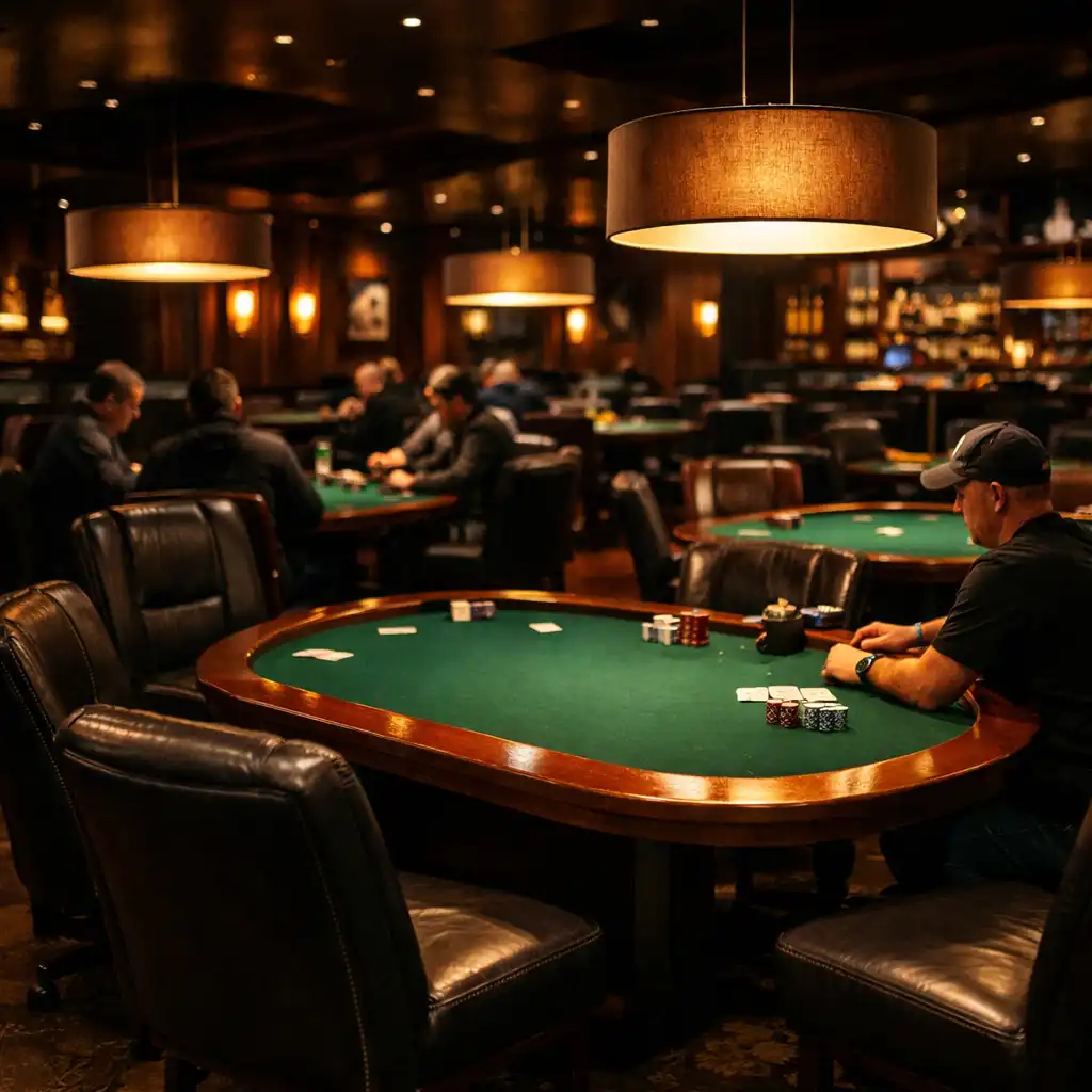 A wide-angle view of a premium poker room with multiple tables arranged in a spacious layout, dimly lit with warm accent lights over each table and dark leather chairs.