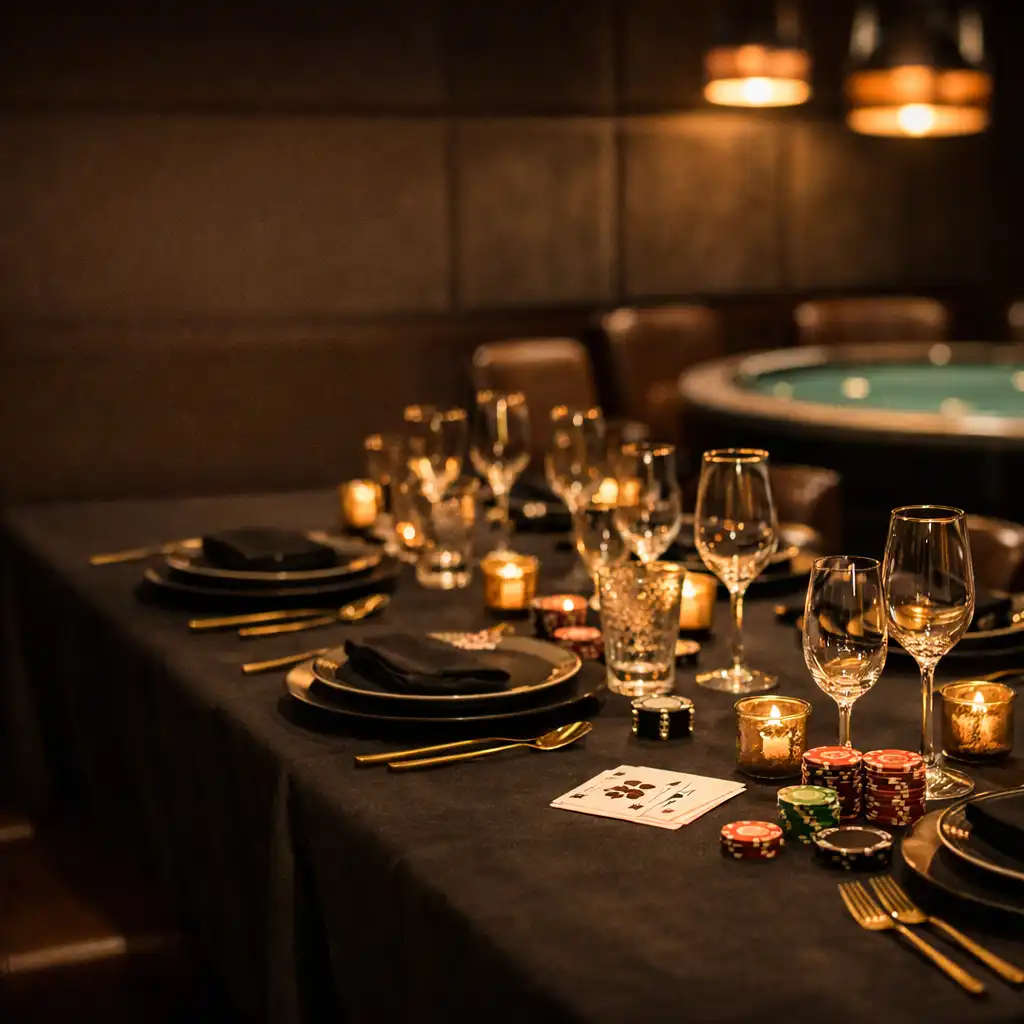 Private dining setup at Pokerta Bleopal with dark linen, gold-rimmed glassware, and decorative poker chips and cards on a long table