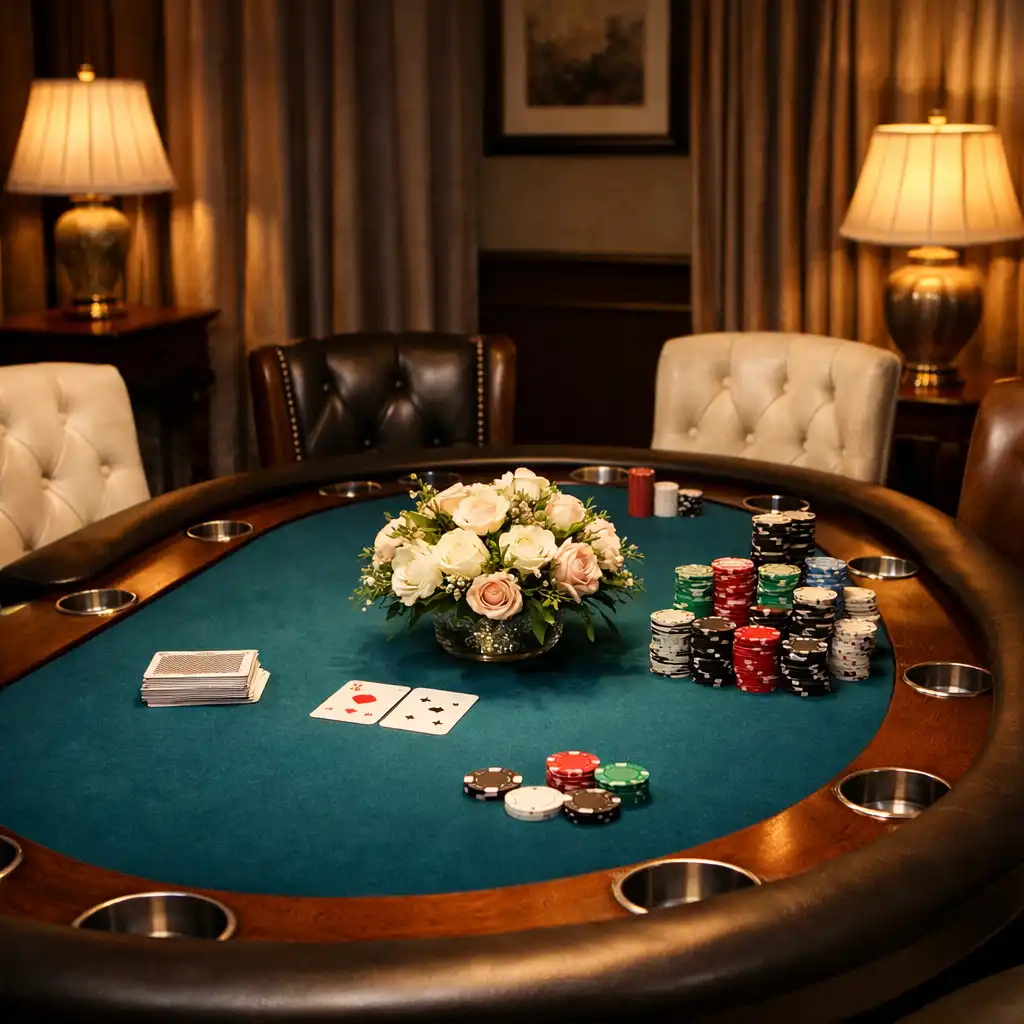 Private event poker table with deep teal felt, elegant chairs, and custom chips