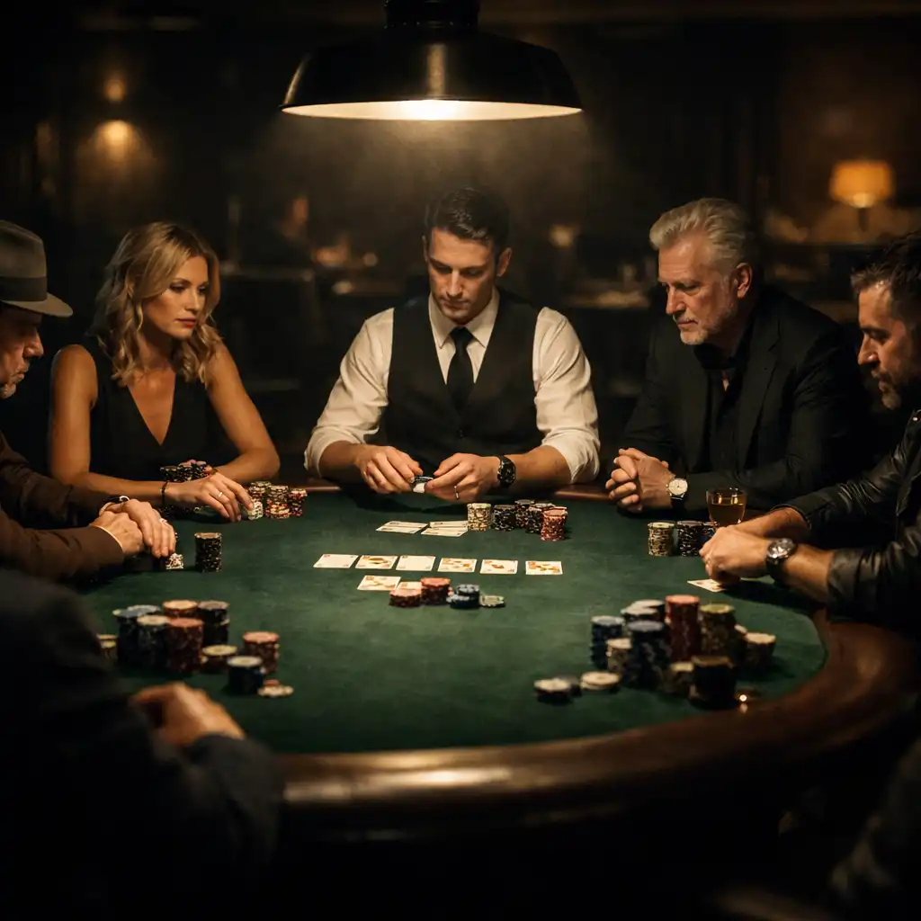 Private poker event in progress at a dark, premium poker room with players seated around a green felt table