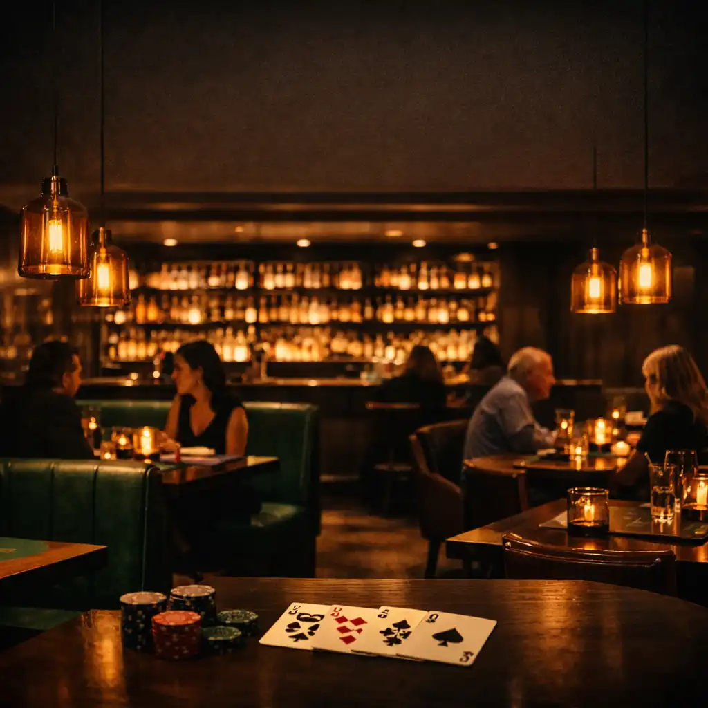 Low-lit premium restaurant interior at Pokerta Bleopal with graphite walls, emerald felt booth seating, and warm amber pendant lights over dining tables