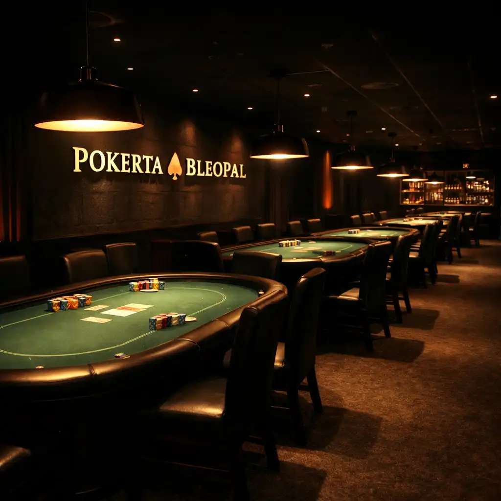 Wide view of the poker room with several tables under warm pools of light