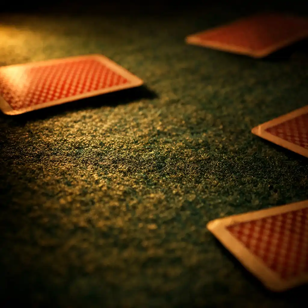 Extreme close-up of poker table felt texture with scattered face-down cards