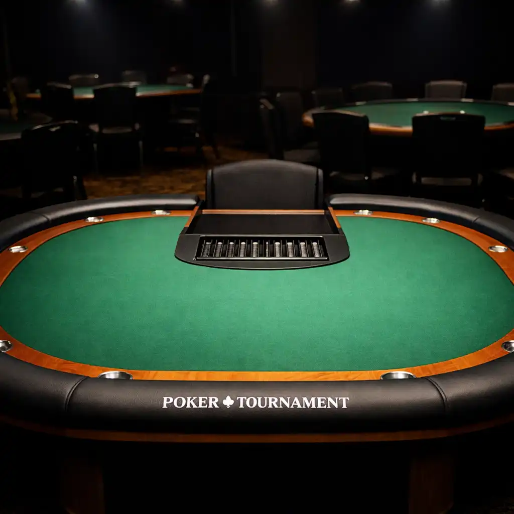 Tournament poker table with dealer cutout and chip tray under spotlights